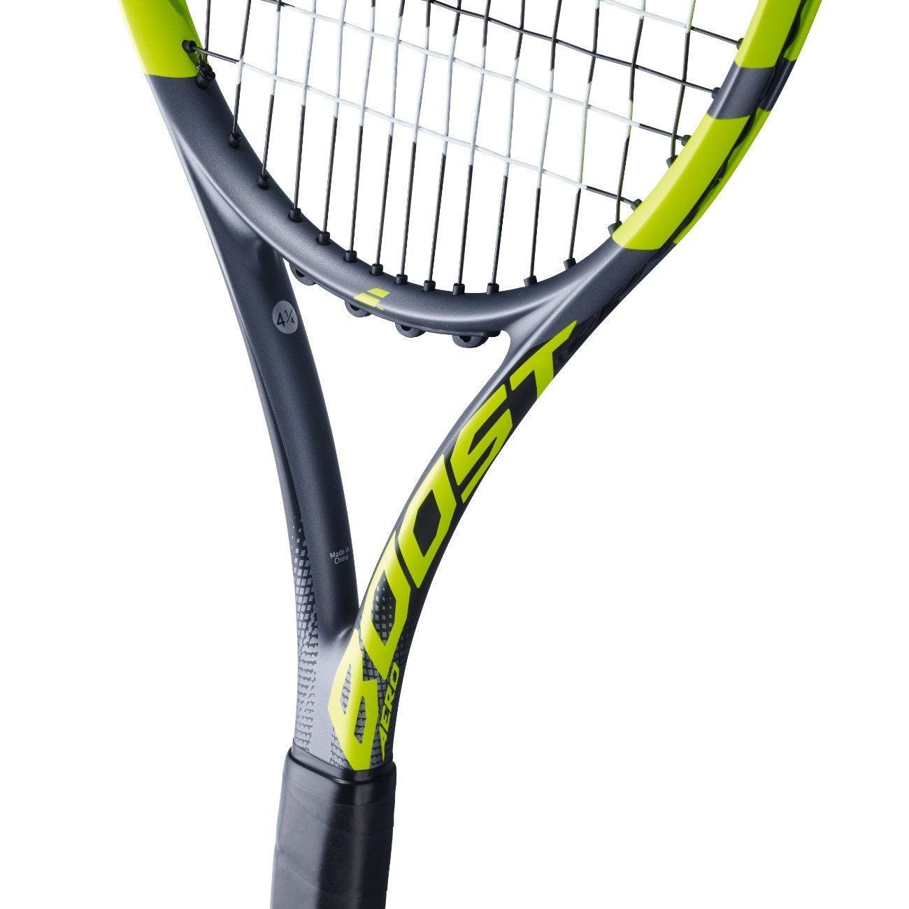 Babolat Boost Aero 260g tennis racquet, dark grey with vibrant yellow accents and black grip.
