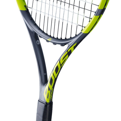Babolat Boost Aero 260g tennis racquet, dark grey with vibrant yellow accents and black grip.