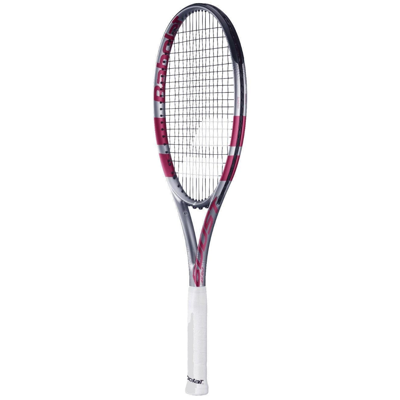 Babolat Boost Aero Pink tennis racquet with silver accents, black strings, and a white grip.