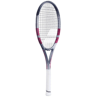 Babolat Boost Aero Pink tennis racquet with a white grip, black strings, and a sleek aerodynamic frame.