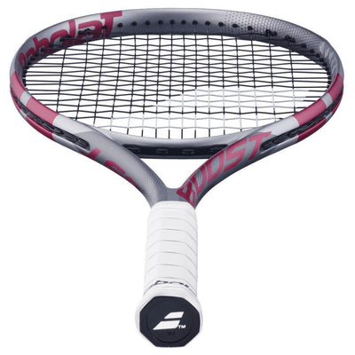 Babolat Boost Aero Pink tennis racquet with gray frame, pink accents, and white grip.