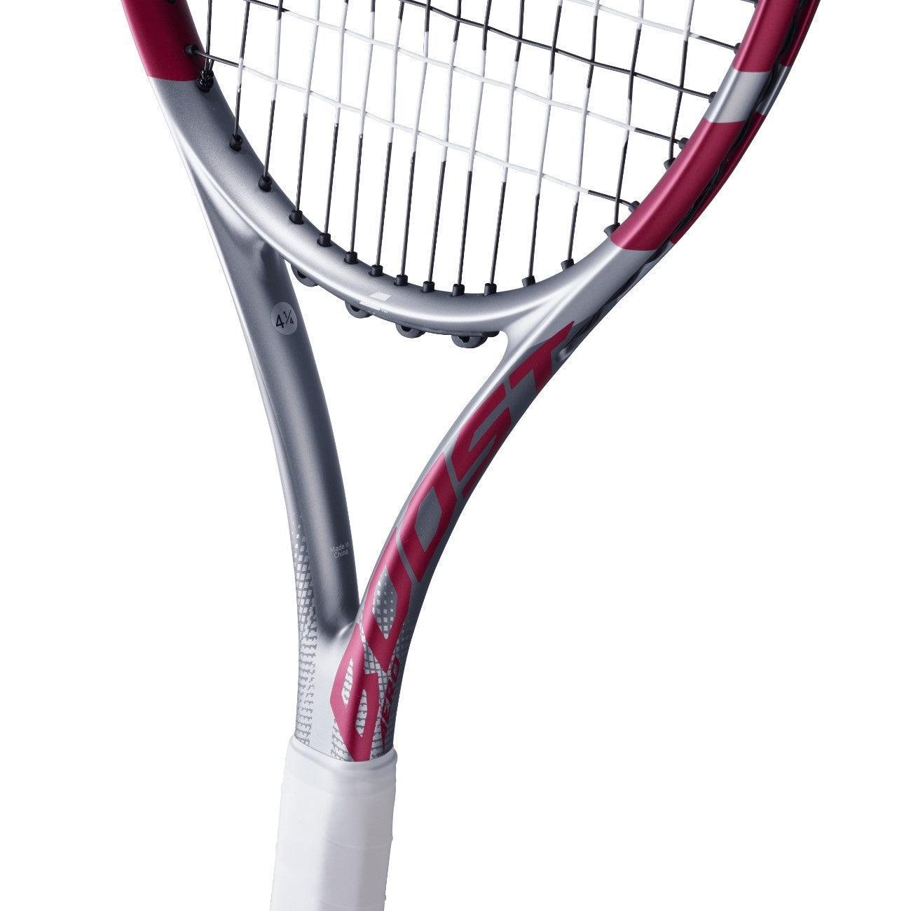 Babolat Boost Aero Pink tennis racquet with silver frame, pink accents, white grip, and strung head.
