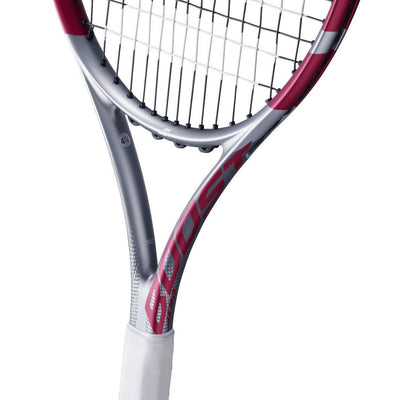 Babolat Boost Aero Pink tennis racquet with silver frame, pink accents, white grip, and strung head.