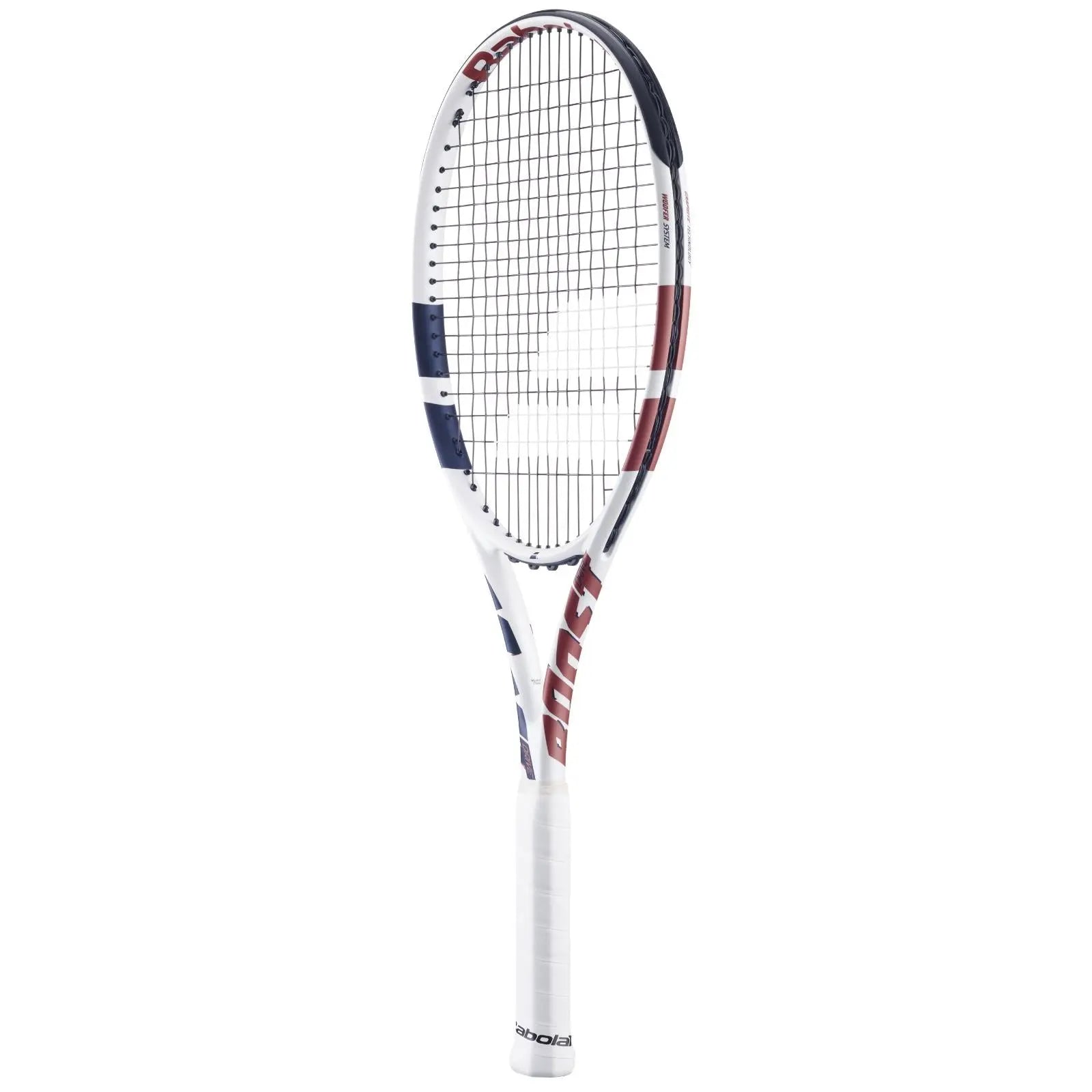 Babolat Boost Drive White tennis racquet with red and blue accents, white grip, and black strings.