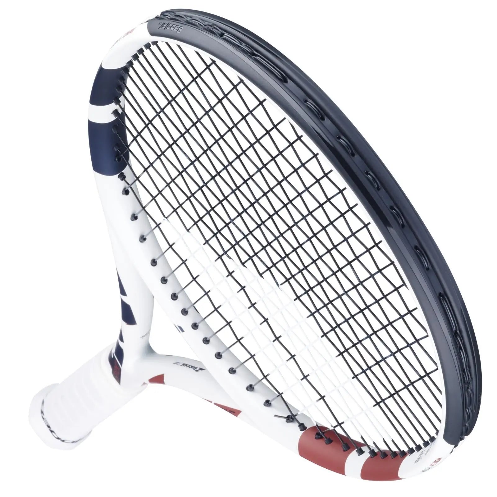 Babolat Boost Drive White tennis racquet with blue and red accents, black strings, and white grip.