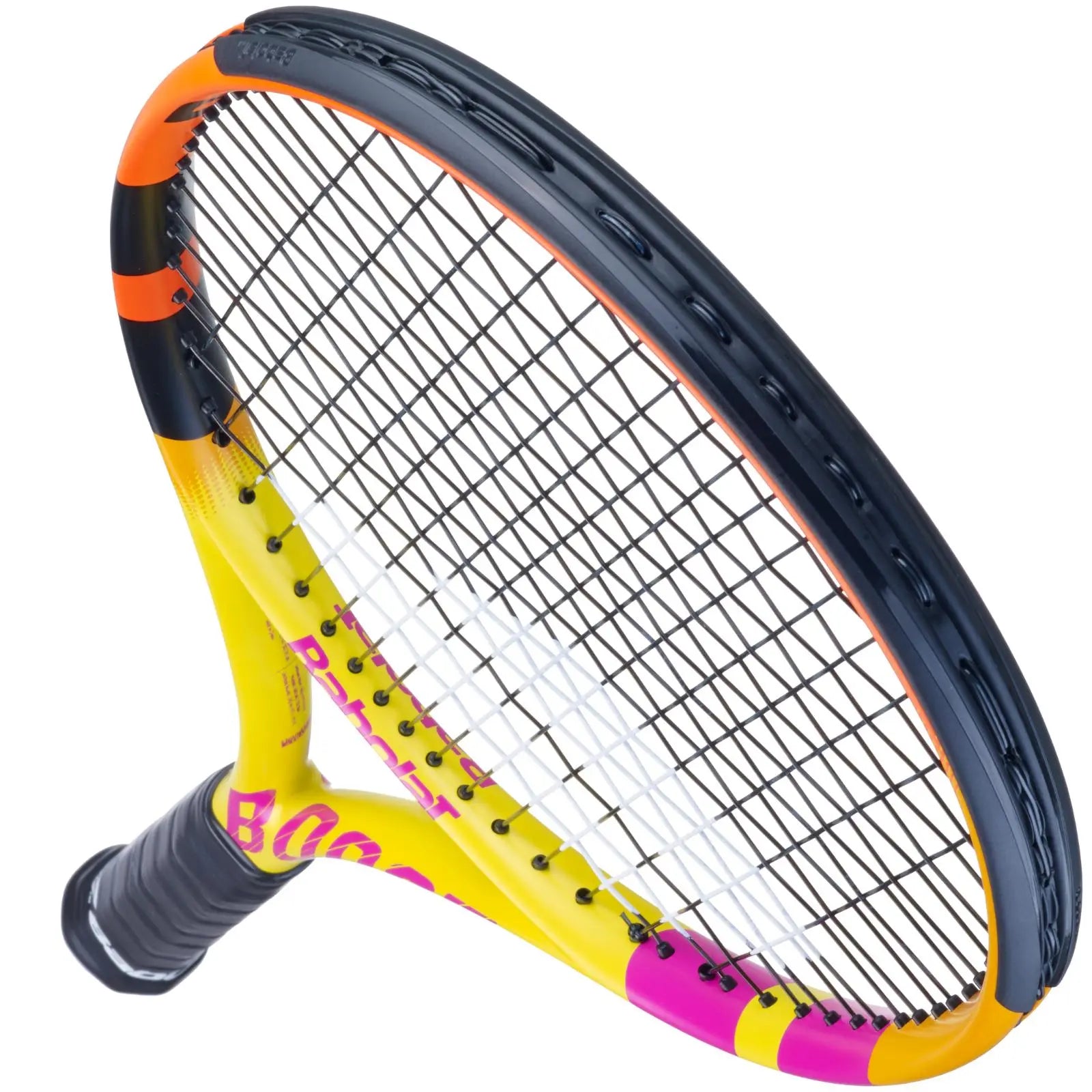 Babolat Boost Rafa tennis racquet, yellow, orange, and pink frame with black and white strings.