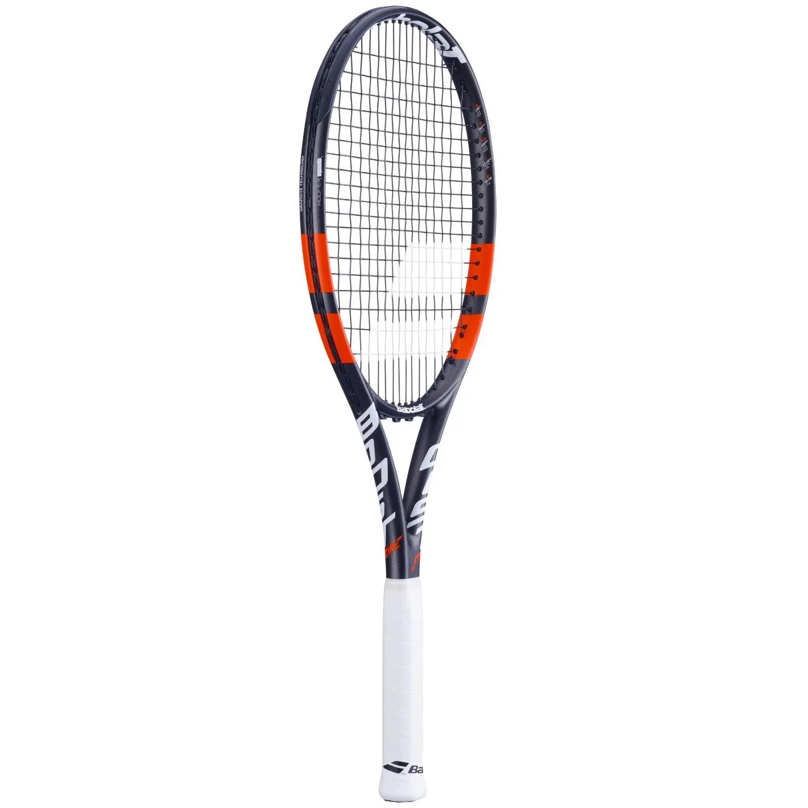 Babolat Boost Strike tennis racquet, black with orange accents, white grip.