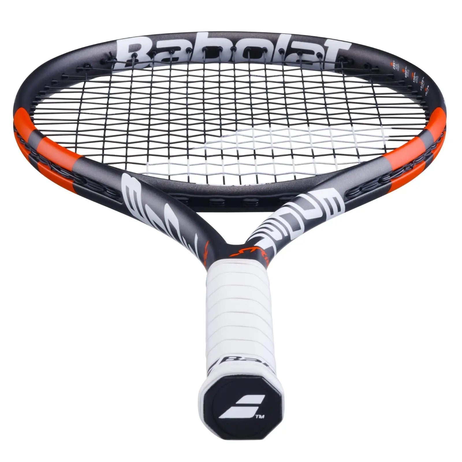 Babolat Boost Strike tennis racquet, black and orange frame, white grip, and black strings.