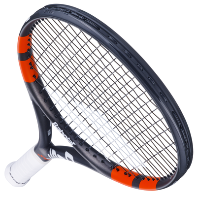 Babolat Boost Strike tennis racquet, black frame with orange accents, white grip, and strung head.