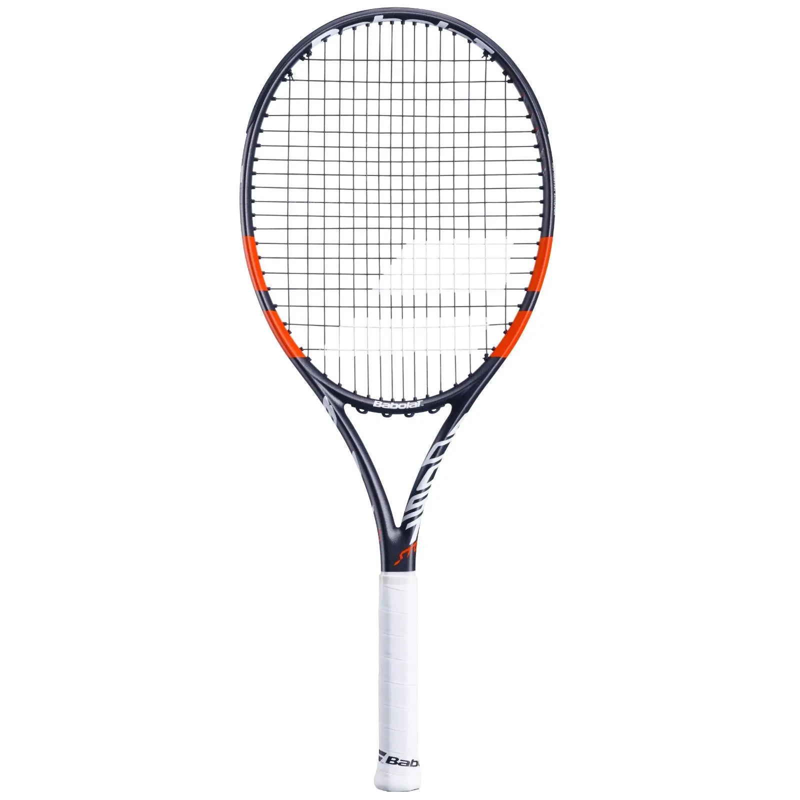 Babolat Boost Strike tennis racquet, black frame with orange accents, white grip, and black strings.