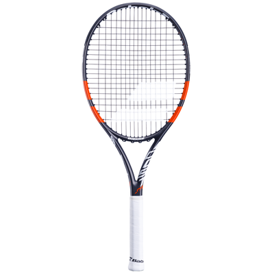 Babolat Boost Strike tennis racquet, black frame with orange accents, white grip, and black strings.