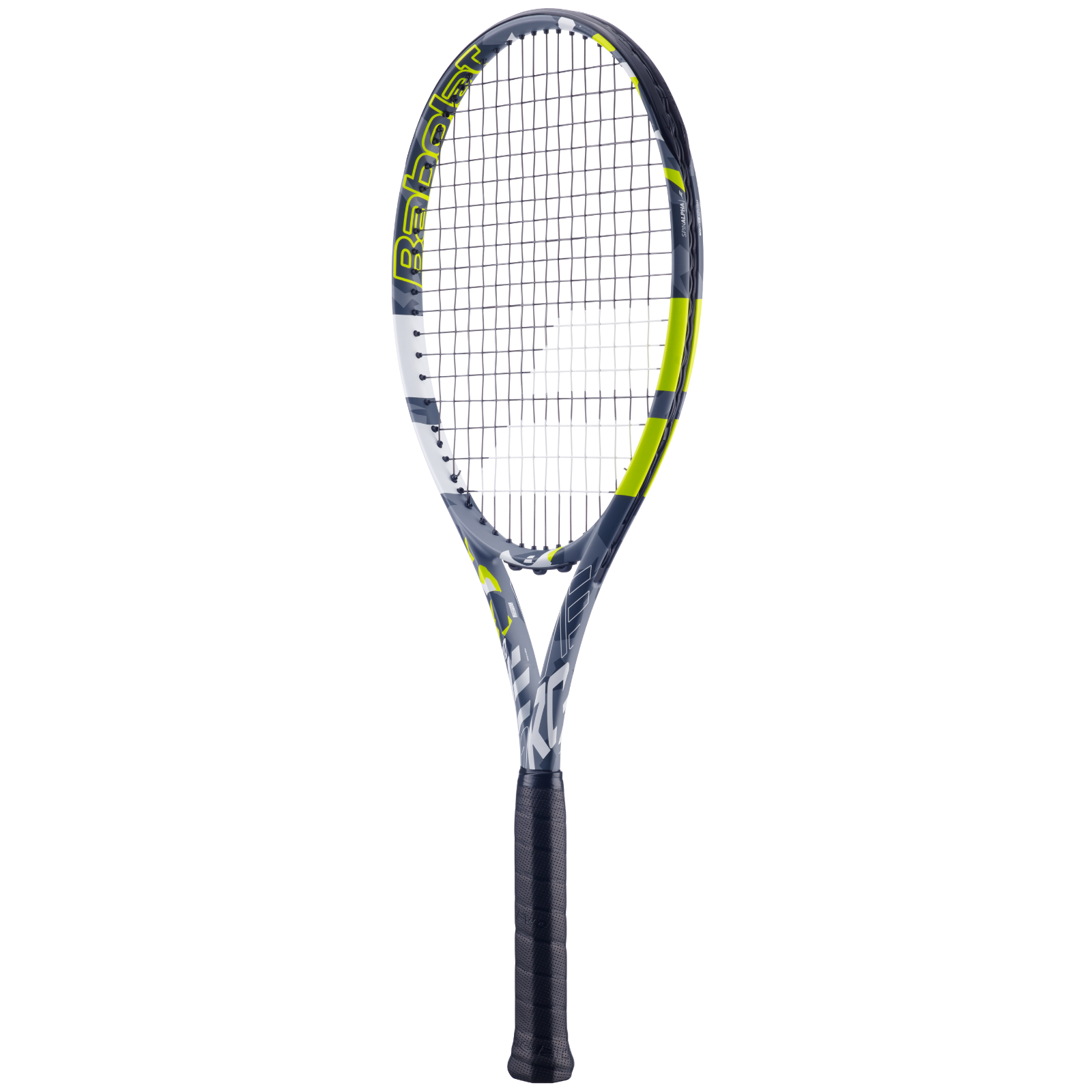 Babolat Evo Aero tennis racquet in grey and yellow with a black grip.