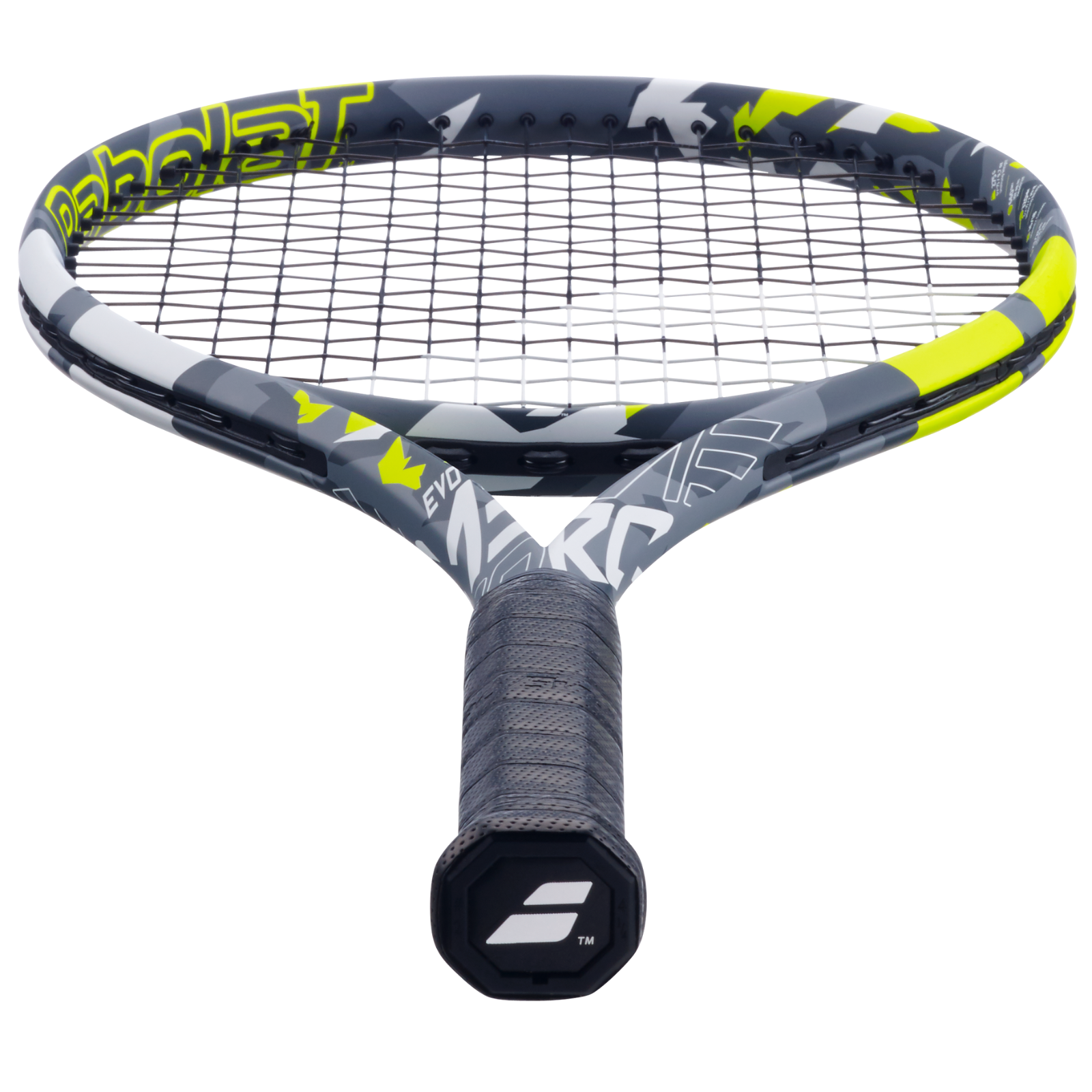 Babolat Evo Aero tennis racquet in grey, yellow, and white with a black grip.