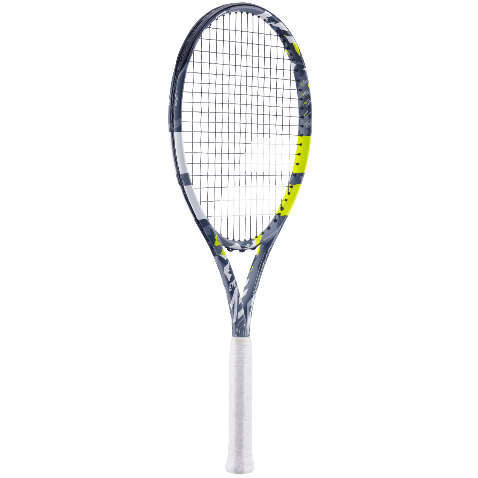 Babolat Evo Aero Lite tennis racquet in grey, yellow, and white with a white grip.