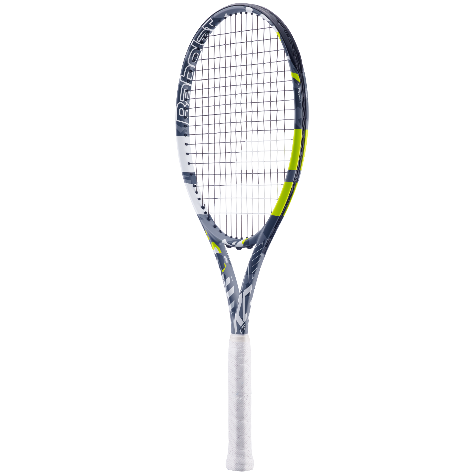 Babolat Evo Aero Lite tennis racquet in grey and yellow with a white grip.