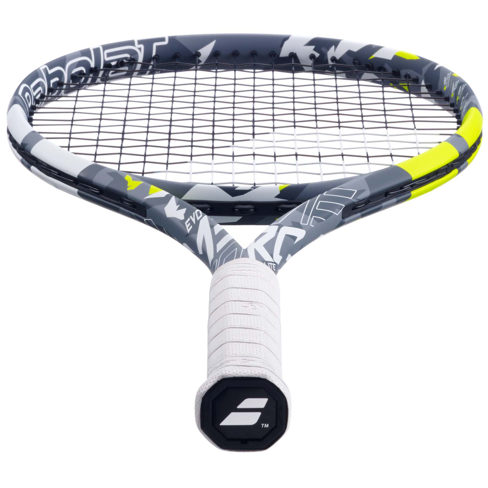 Babolat Evo Aero Lite tennis racquet in grey, yellow, and white with a white grip.