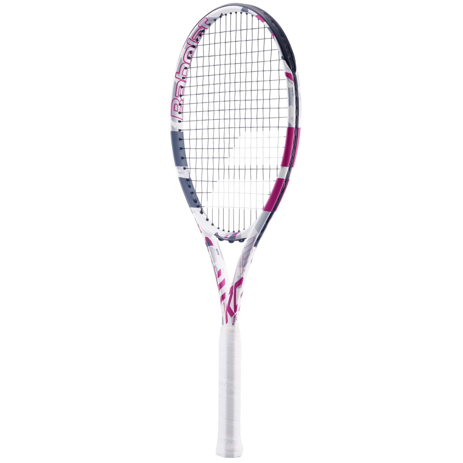 Babolat Evo Aero Lite tennis racquet in white, pink, and gray with a white grip.