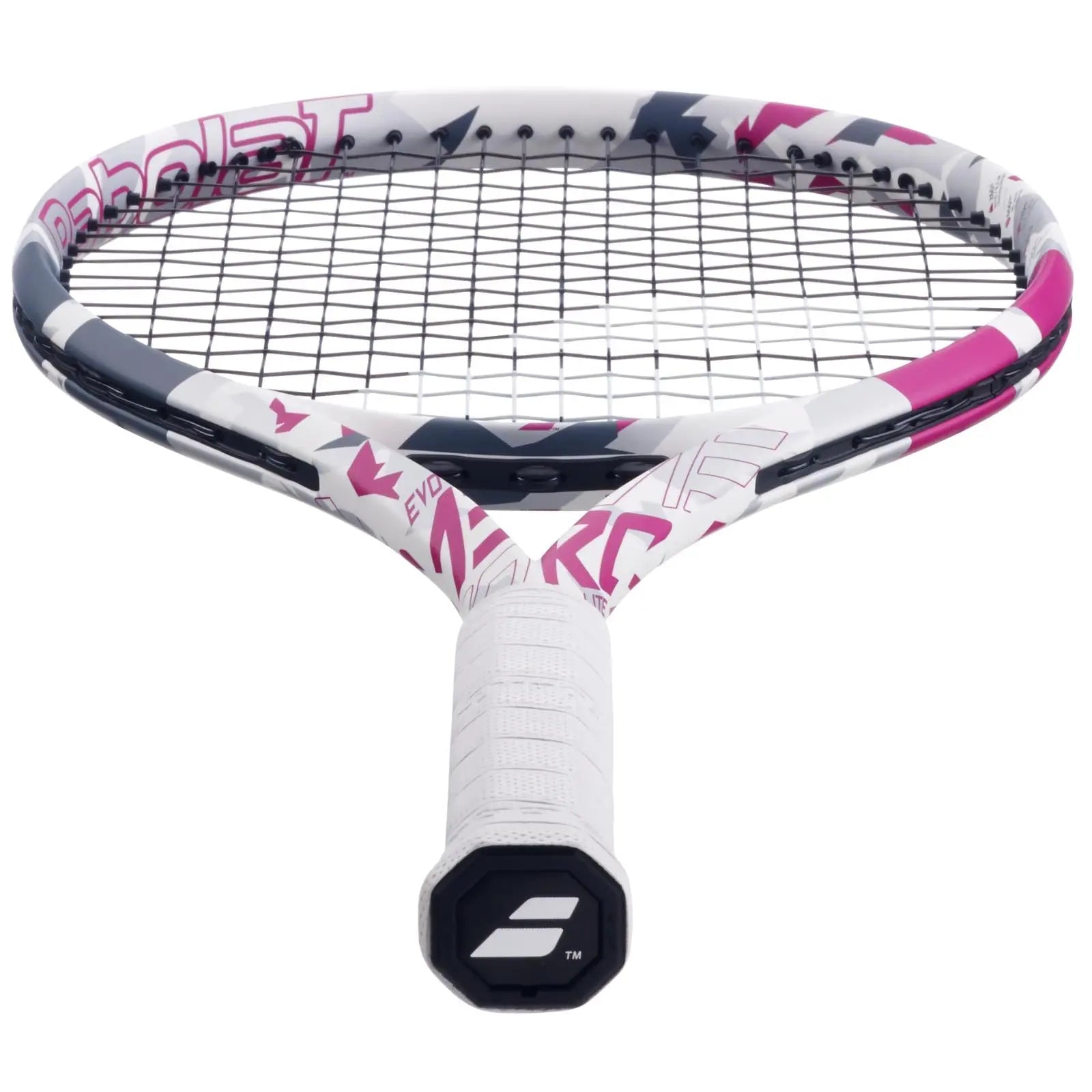 Babolat Evo Aero Lite tennis racquet in white, pink, and grey camouflage design with a white grip.