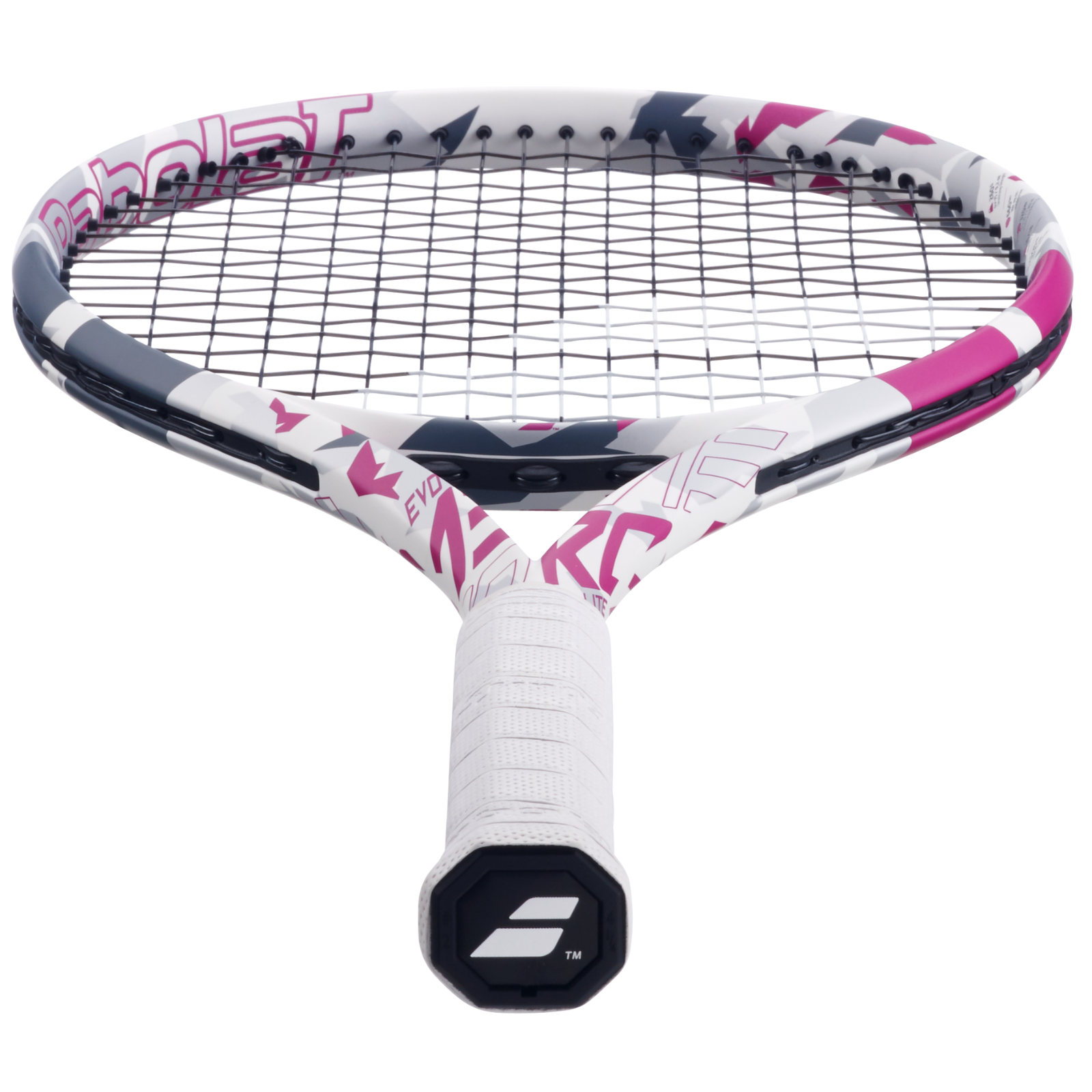 Babolat Evo Aero Lite tennis racquet in white, pink, and grey camouflage design with a white grip.