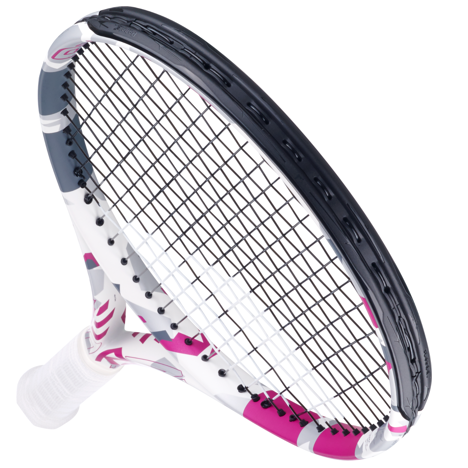 Babolat Evo Aero Lite tennis racquet, white, pink, and grey with black strings and white grip.