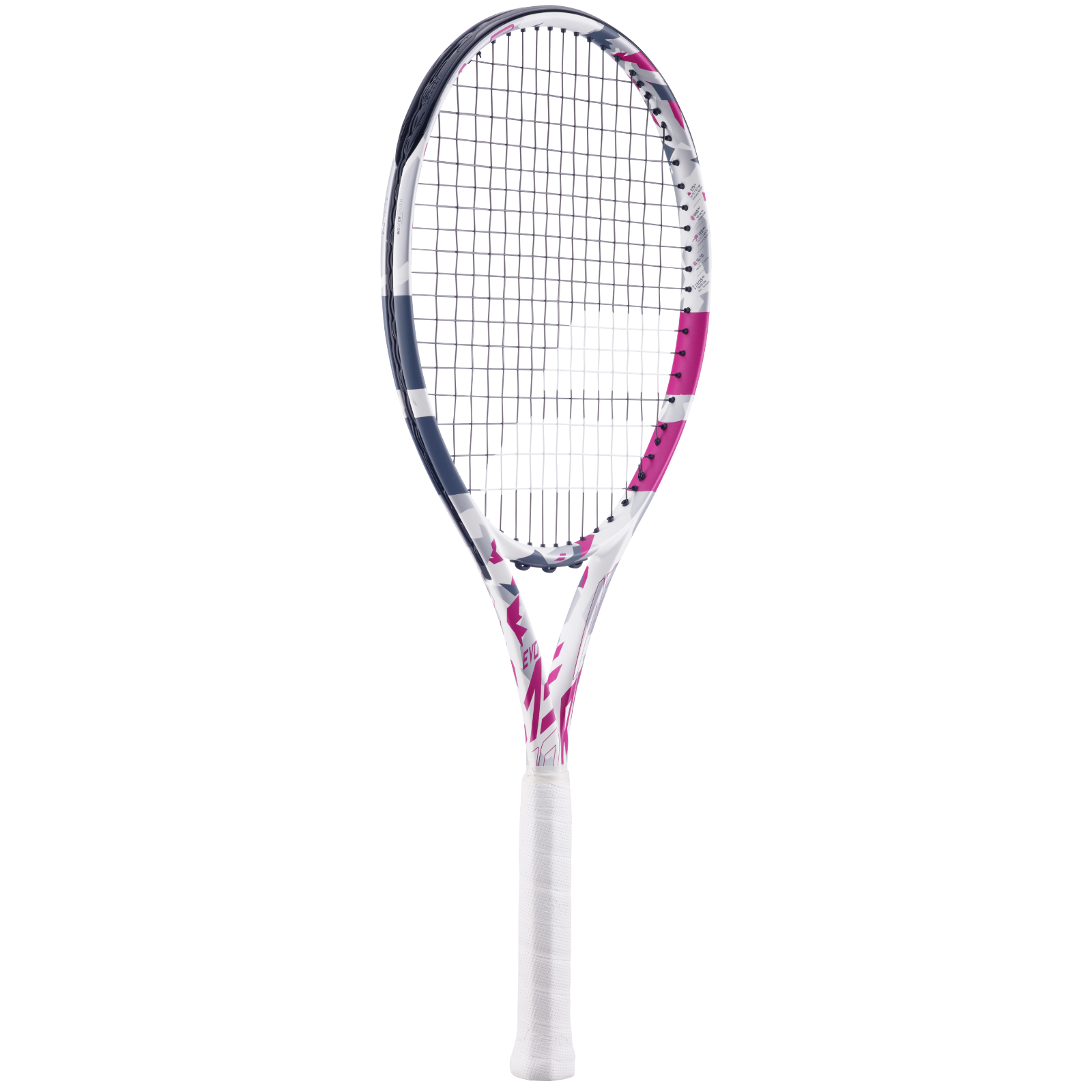 Babolat Evo Aero tennis racquet in white and pink with a white grip, black strings, and a sleek design.