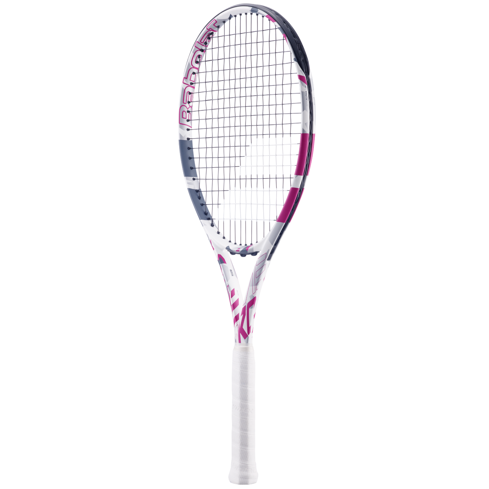 Babolat Evo Aero tennis racquet in white, pink, and grey with a white grip.