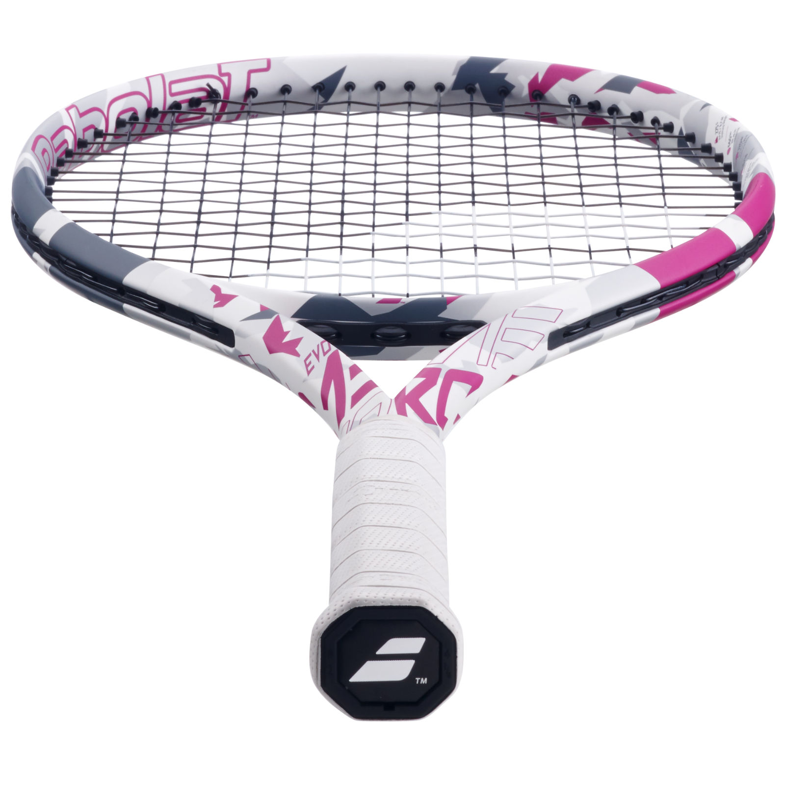 Babolat Evo Aero tennis racquet in white, pink, and gray with a white grip.