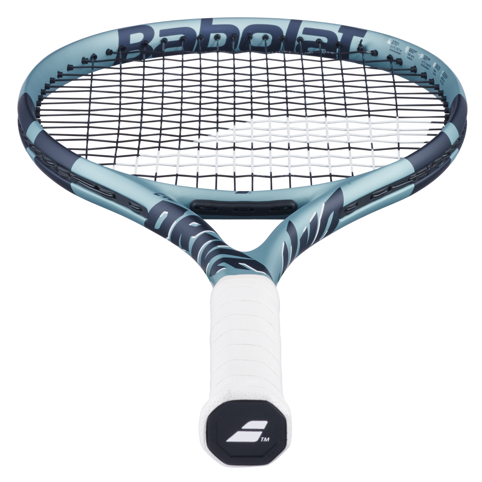 Babolat Evo Drive Gen2 (270g) tennis racquet in light blue and dark grey with a white grip.
