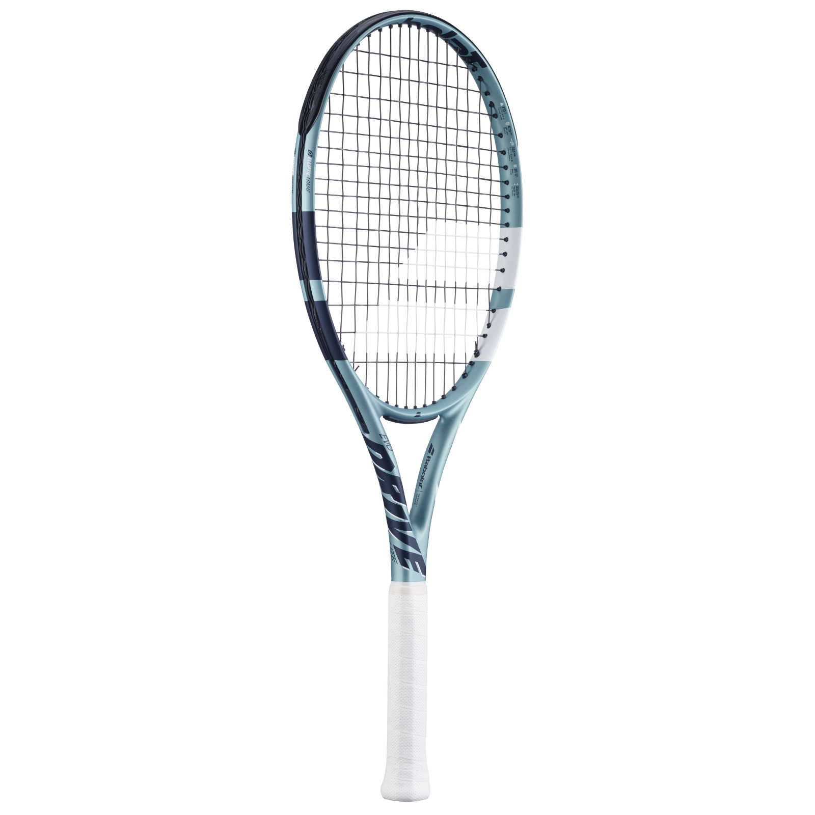 Babolat Evo Drive Lite Gen2 tennis racquet in blue with white grip, featuring a modern design.