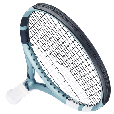 Babolat Evo Drive Lite Gen2 tennis racquet in light blue, dark blue, and white with white grip.
