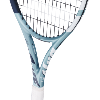 Babolat Evo Drive Lite Gen2 tennis racquet in blue and white, with white strings and grip.