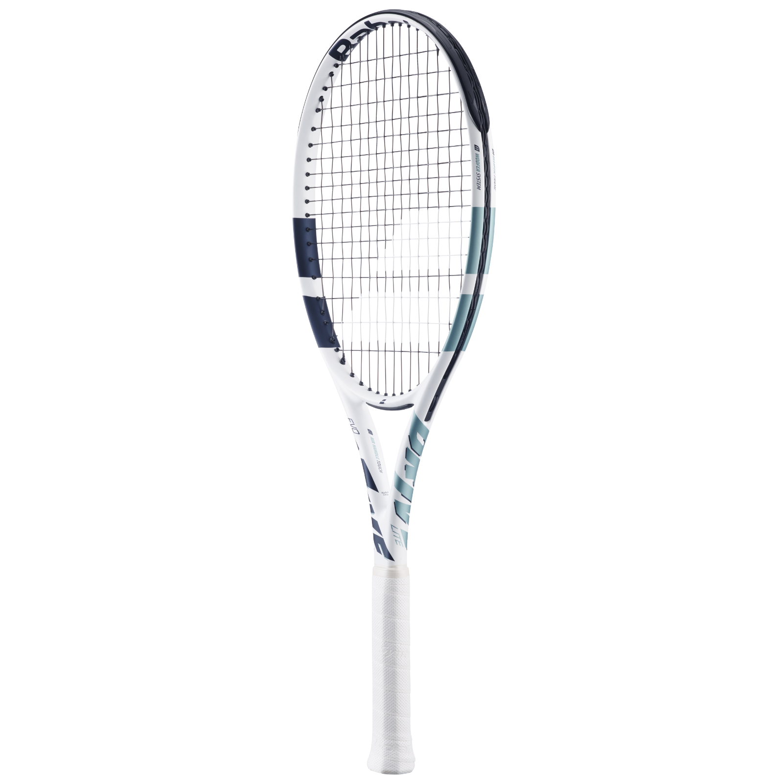 White Babolat Evo Drive Lite Gen2 tennis racquet with blue and teal accents, black strings, and a white grip.