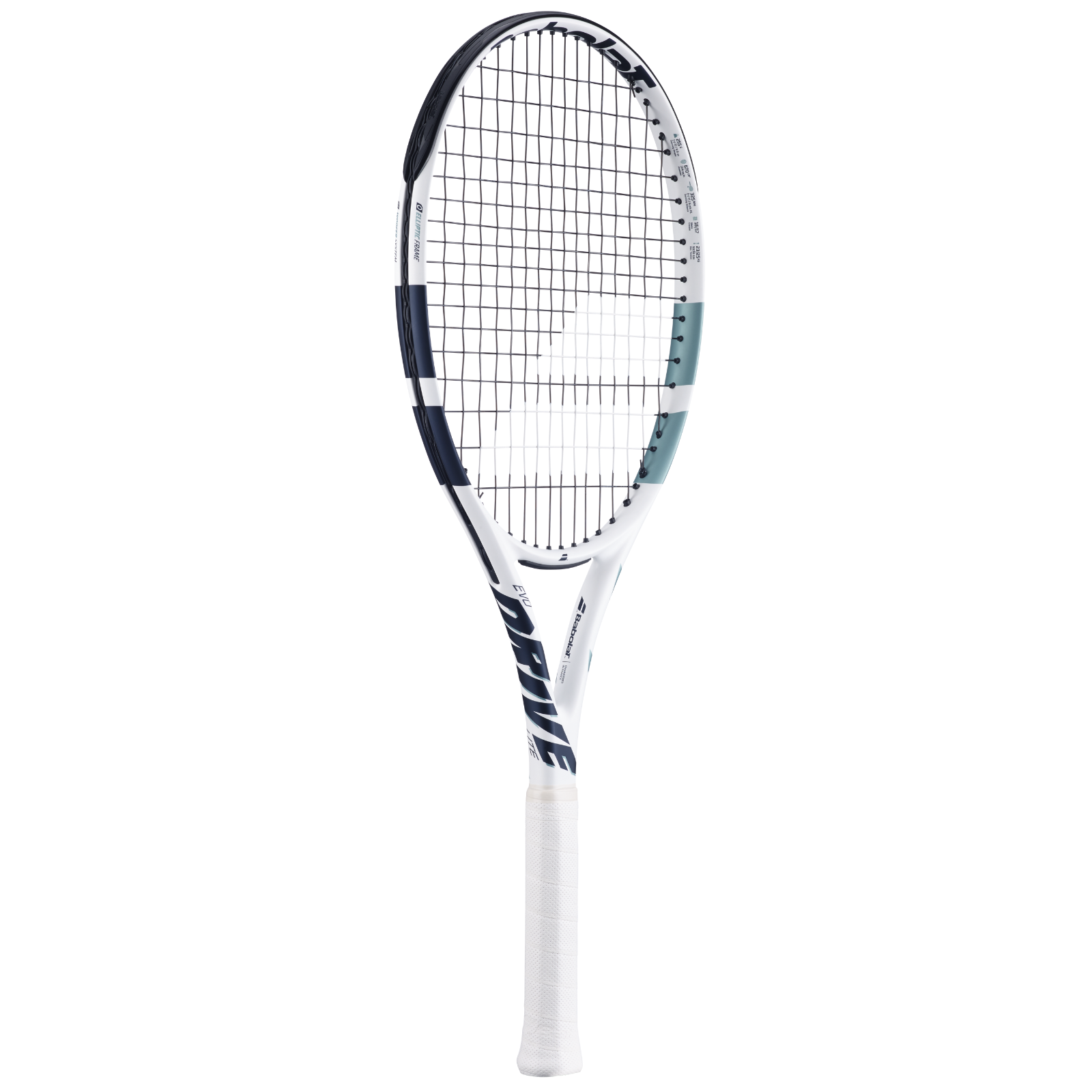 Babolat Evo Drive Lite Gen2 white tennis racquet with black and light blue accents.
