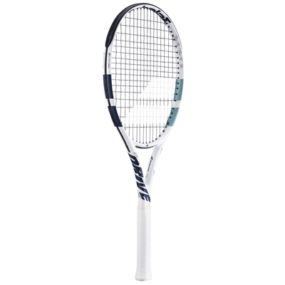 Babolat Evo Drive Lite Gen2 white tennis racquet with black and light blue accents.