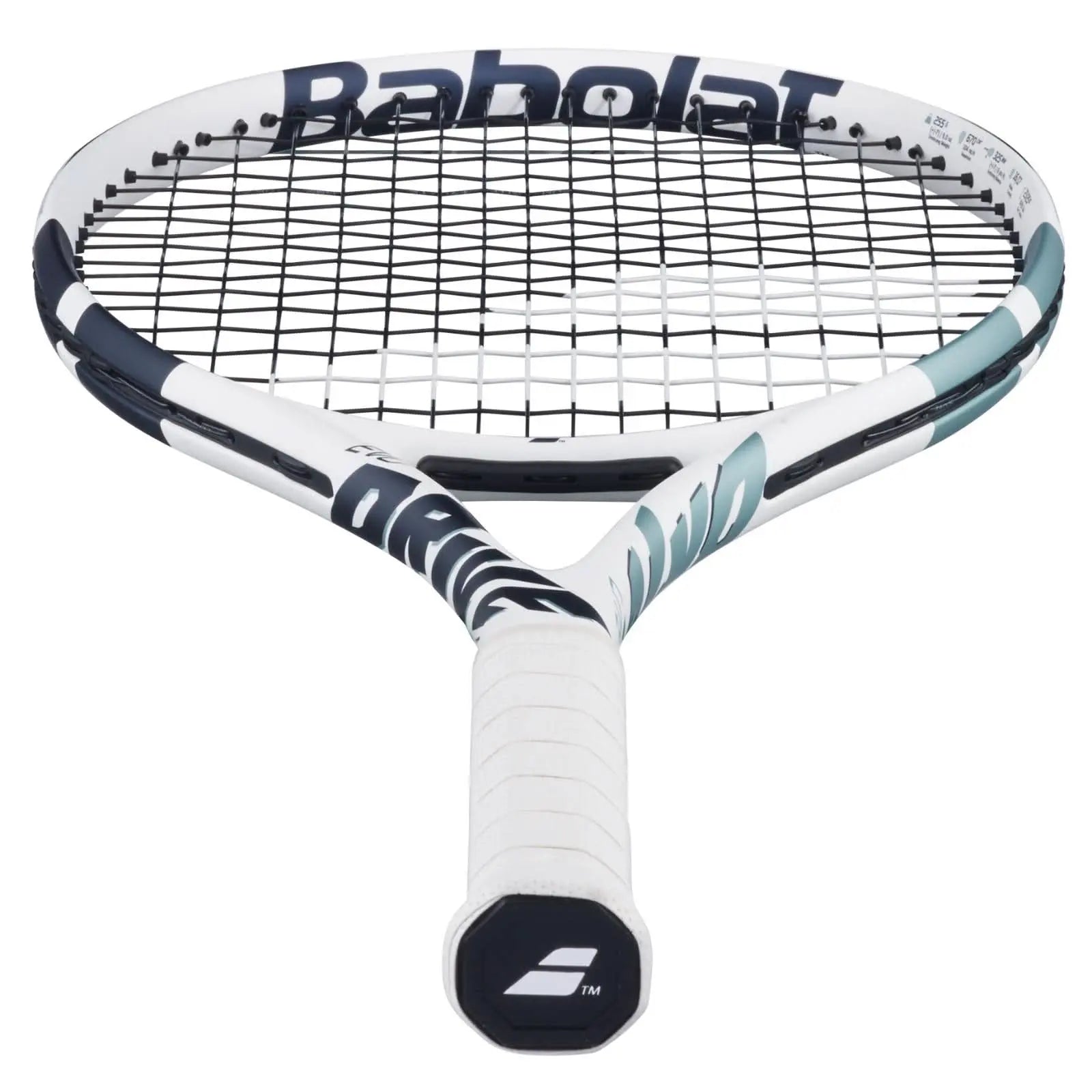 Babolat Evo Drive Lite Gen2 tennis racquet in white with blue accents and a white grip.