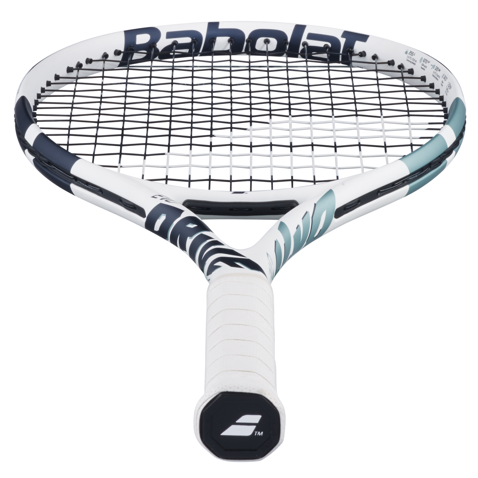 Babolat Evo Drive Lite Gen2 tennis racquet in white with blue accents and a white grip.