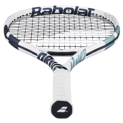 Babolat Evo Drive Lite Gen2 tennis racquet in white with blue accents and a white grip.