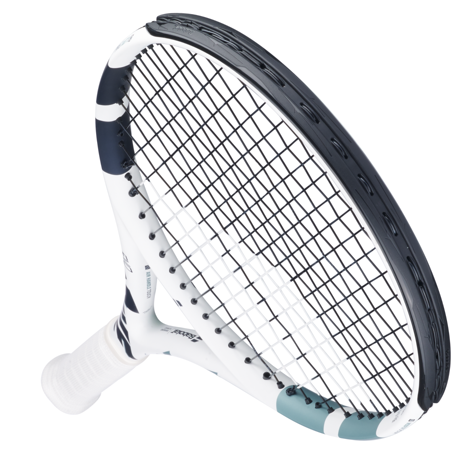 White Babolat Evo Drive Lite Gen2 tennis racquet with black strings and blue accents.
