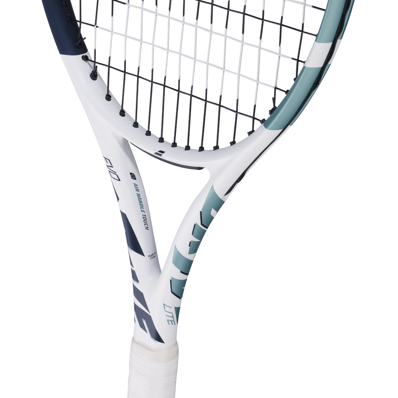 White Babolat Evo Drive Lite Gen2 tennis racquet with blue and teal accents, white grip, and strung head.