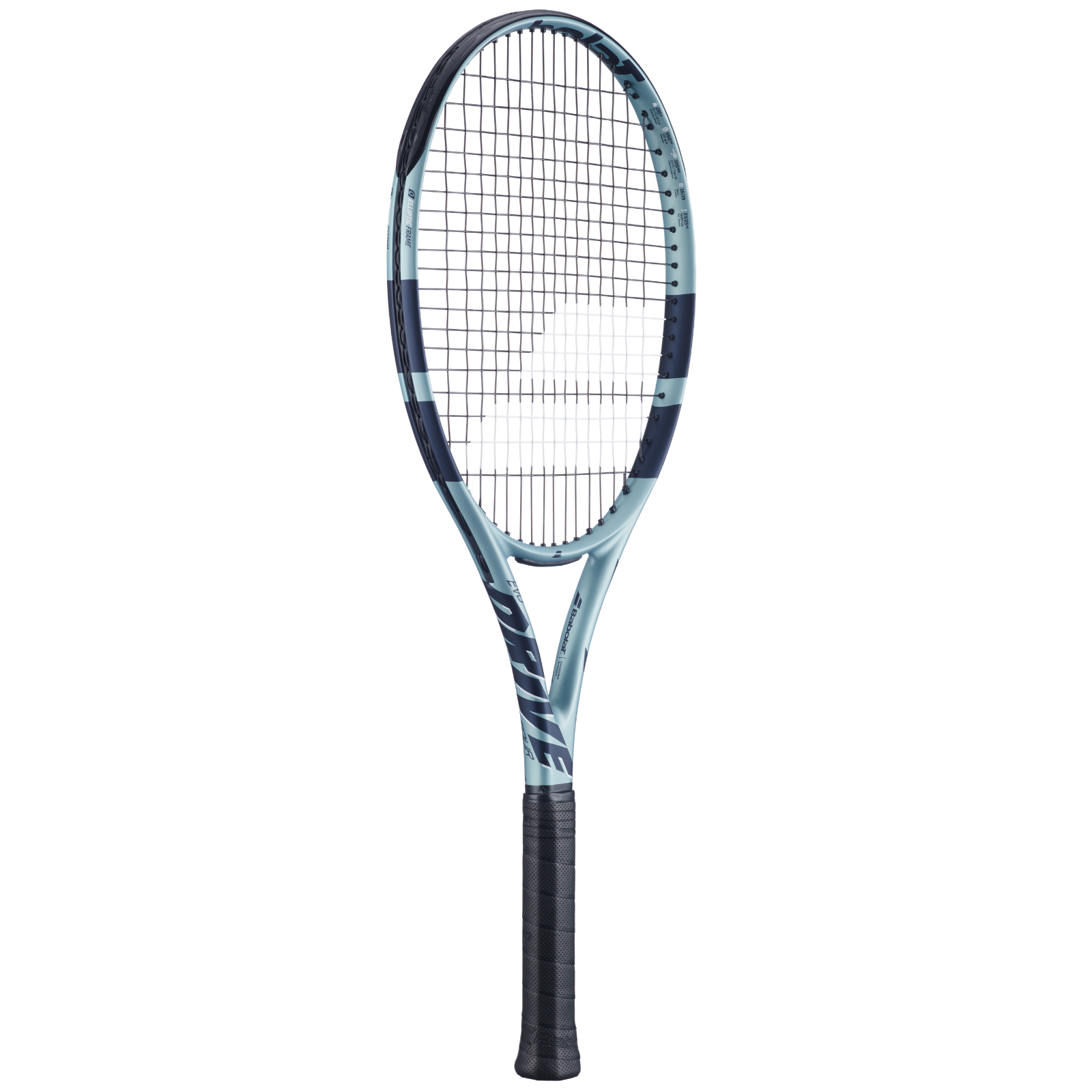 Babolat Evo Drive Tour Gen2 tennis racquet, light blue and dark blue frame, black grip.