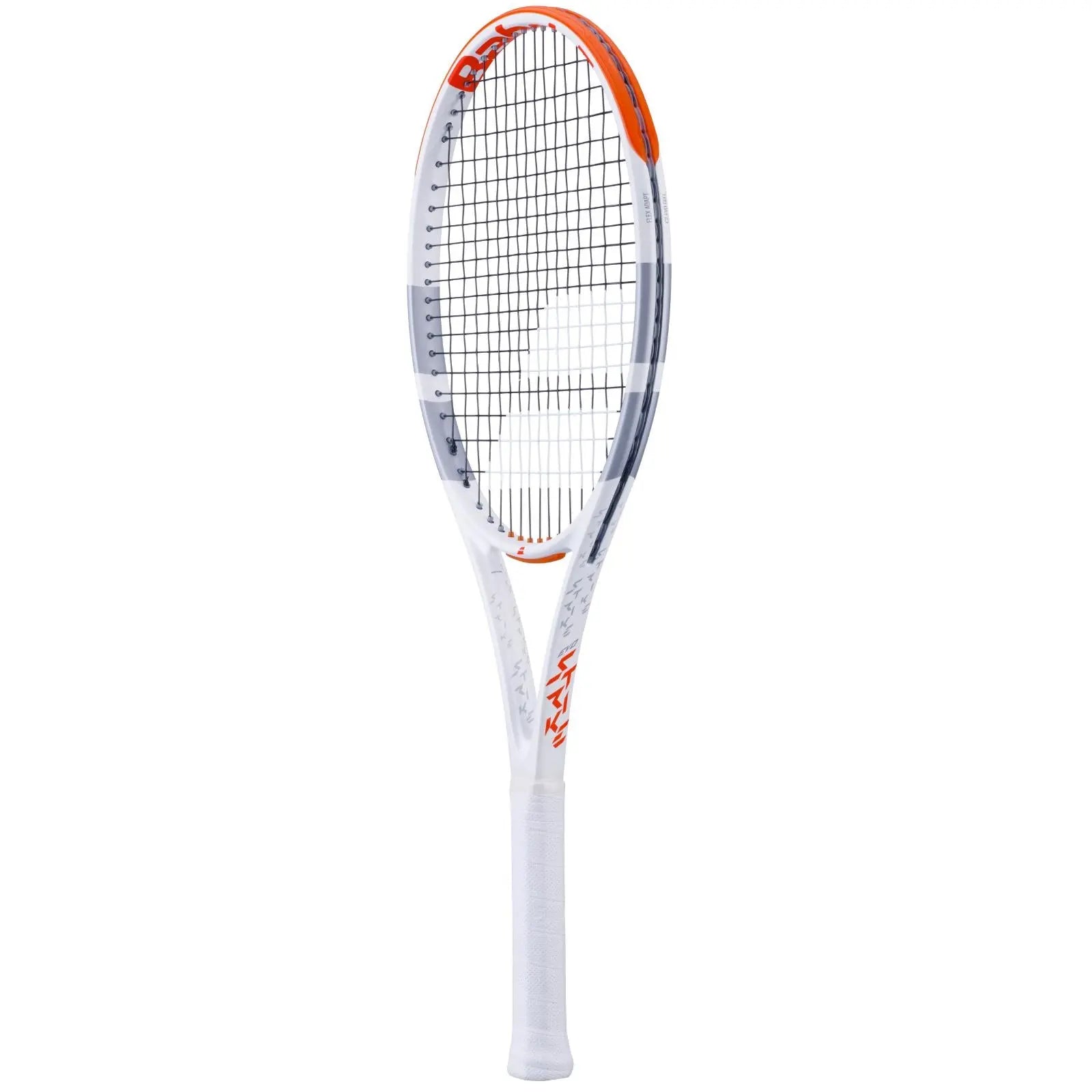 White and orange Babolat Evo Strike tennis racquet (290g) with a black string bed and white grip.