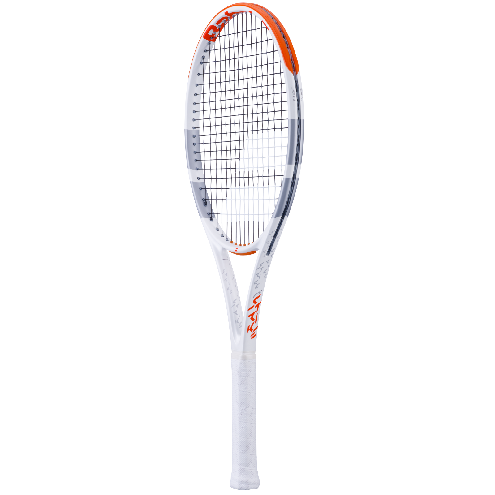 White and orange Babolat Evo Strike tennis racquet (290g) with a black string bed and white grip.
