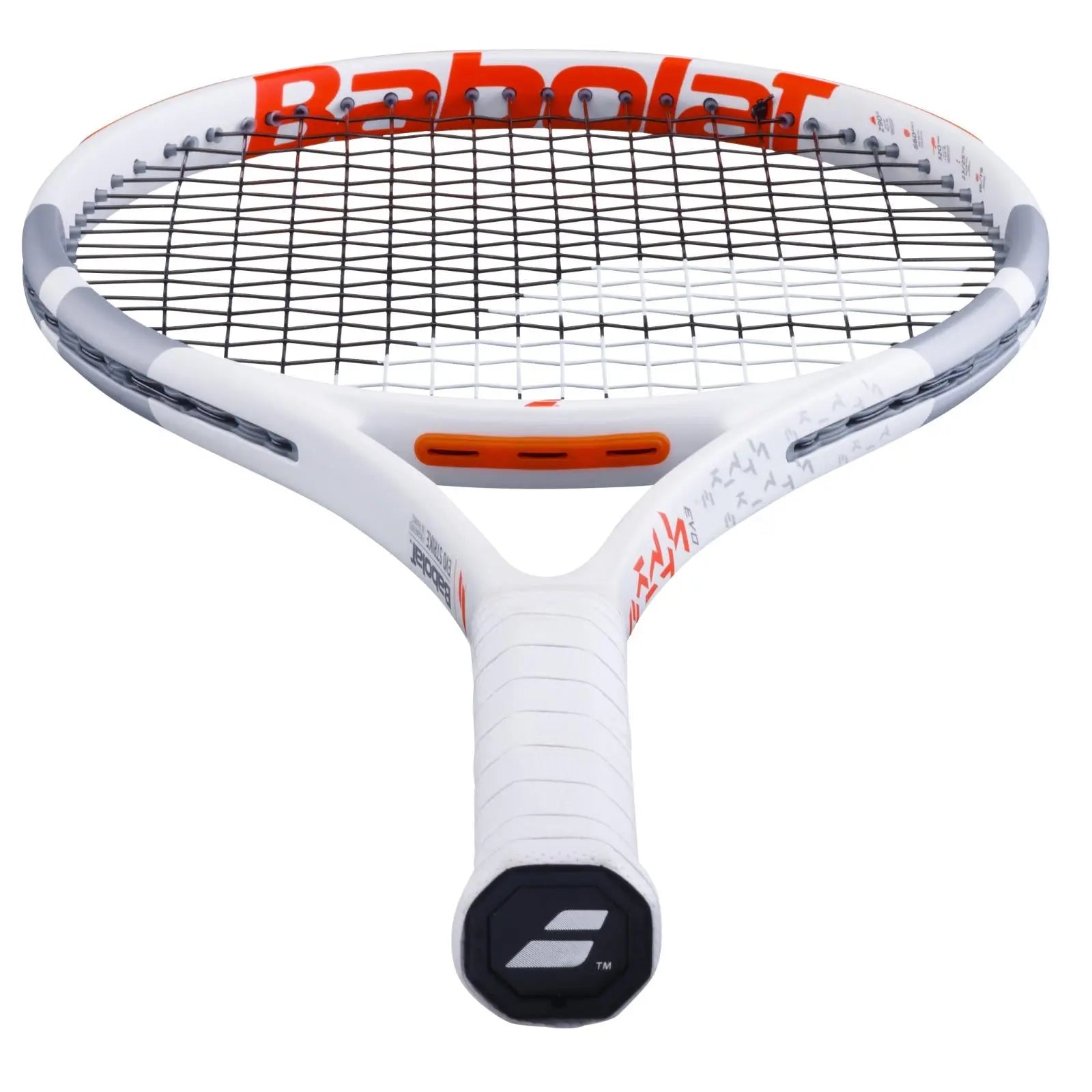 White Babolat Evo Strike tennis racquet with orange accents and black strings.