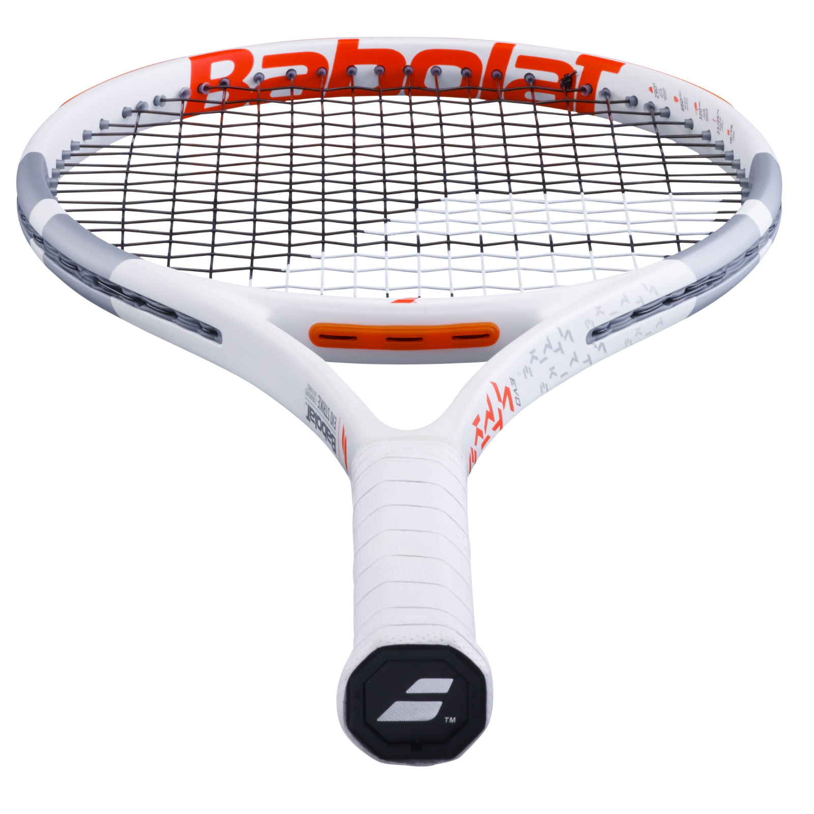 White Babolat Evo Strike tennis racquet with orange accents and black strings.