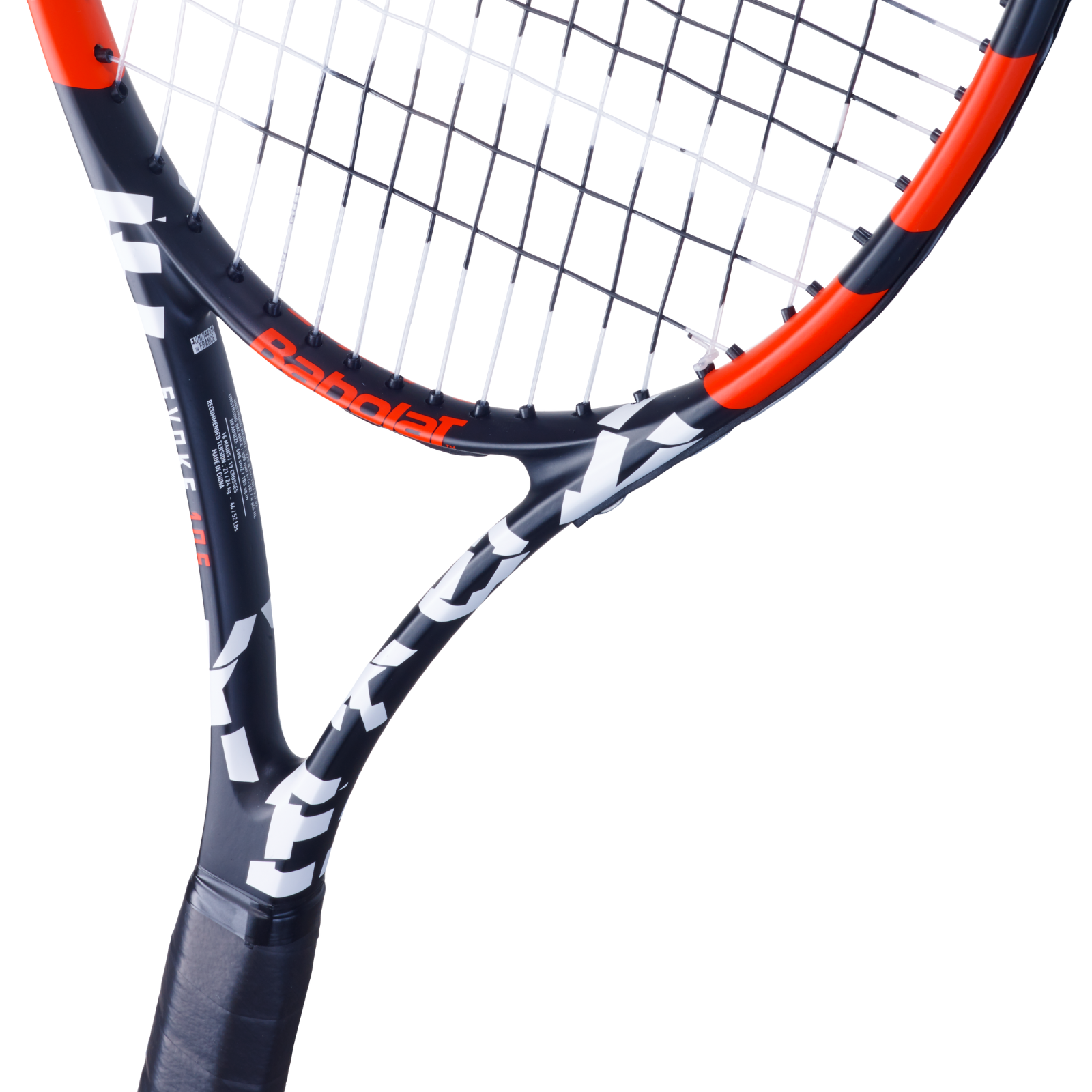 Babolat Evoke 105 tennis racquet, black and orange frame with white accents, strung with white strings.