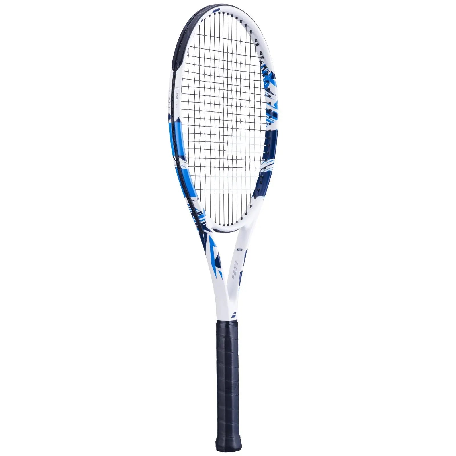 White Babolat Evoke Team tennis racquet with blue and black accents, black grip.