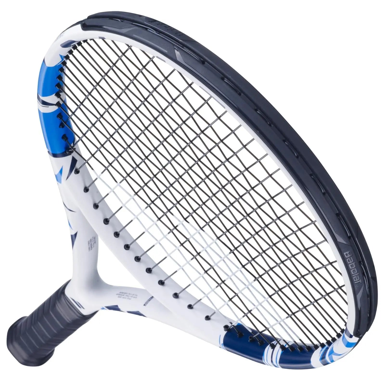 White and blue Babolat Evoke Team tennis racquet with black strings and grip.
