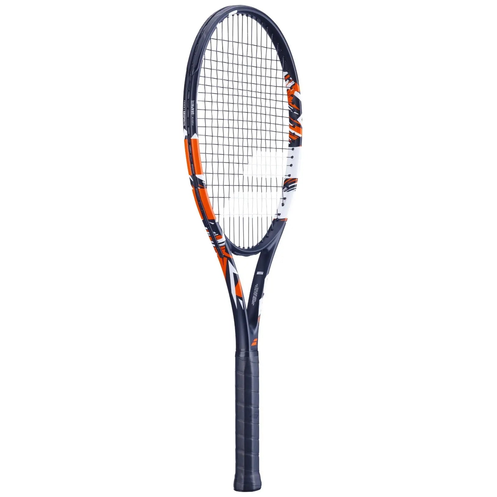 Babolat Evoke Tour tennis racquet, black frame with orange and white accents, black grip.