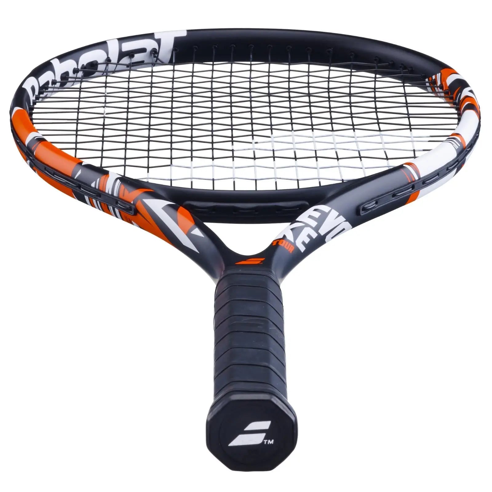 Babolat Evoke Tour tennis racquet, black, orange, and white design, with black grip.