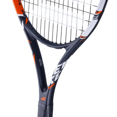 Babolat Evoke Tour tennis racquet, black and orange frame with white strings and black grip.